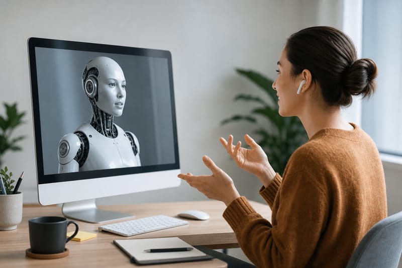 En person med hodetelefoner snakker inn i en telefon mens en vennlig 3D-veilederfigur lytter på den lysende skjermen.