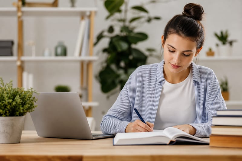 En elev som studerer engelsk med bøker, en laptop og notater spredt utover et bord.