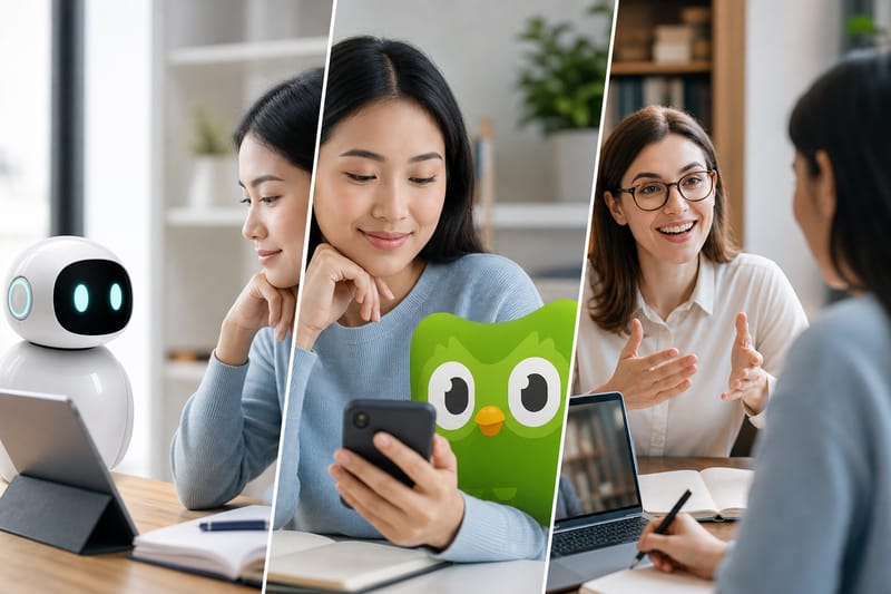 En smarttelefon som viser en chat-samtale med en 3D AI-lærerfigur, ved siden av et notatbok og hodetelefoner på et skrivebord