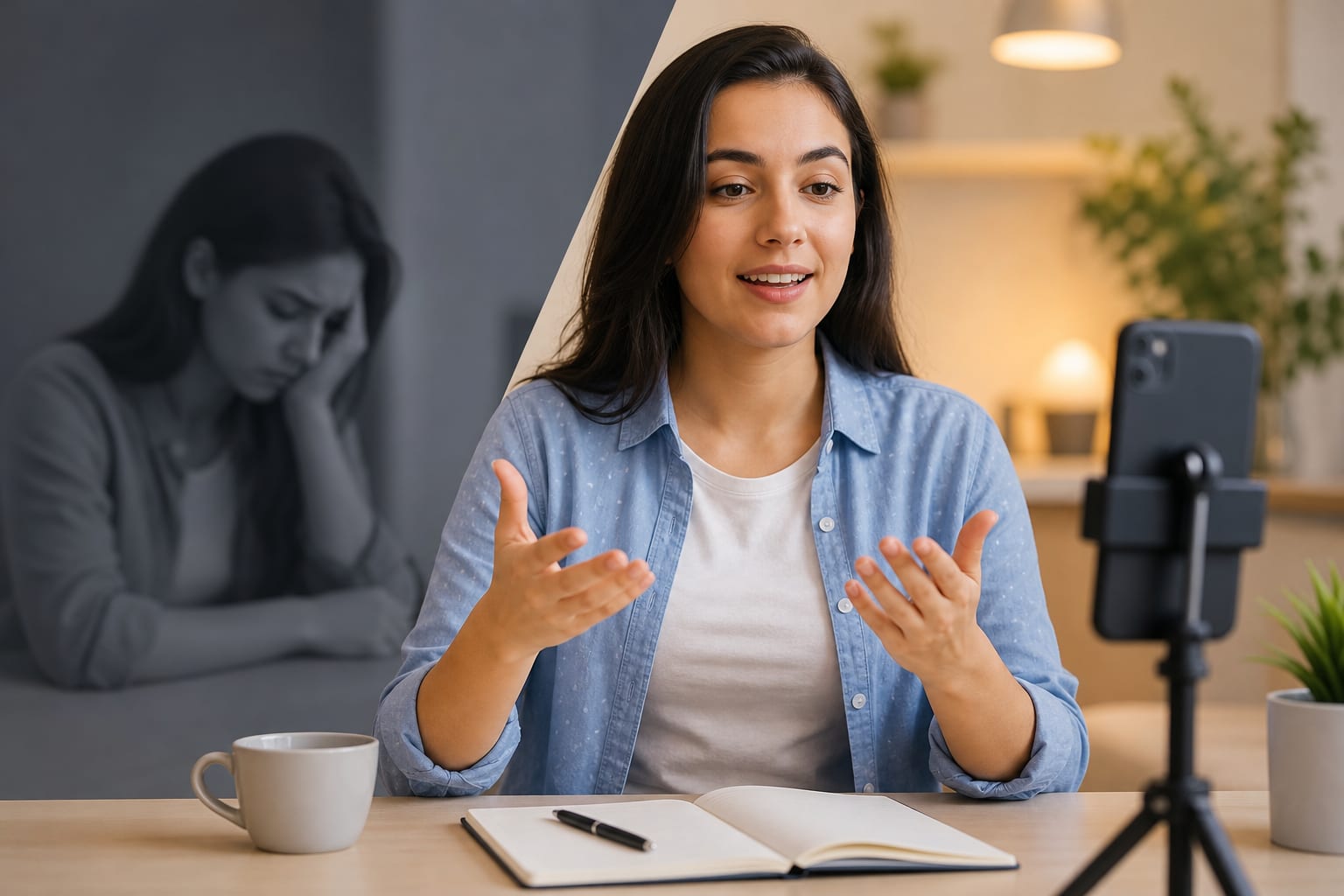 A young woman speaking into her phone with a friendly 3D tutor character on the screen, sitting in a bright room