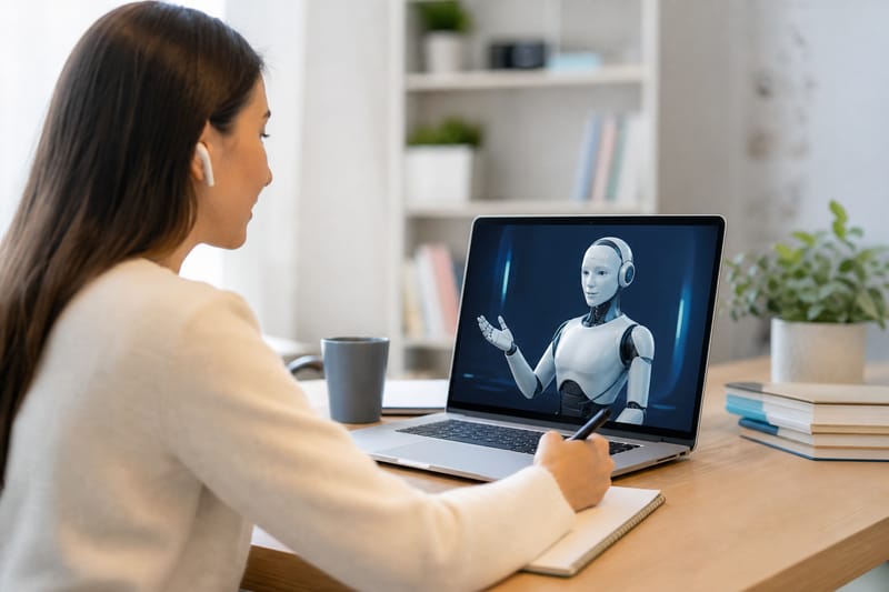 A learner speaking into a phone at a desk while a friendly 3D tutor character appears on the screen mid-conversation.
