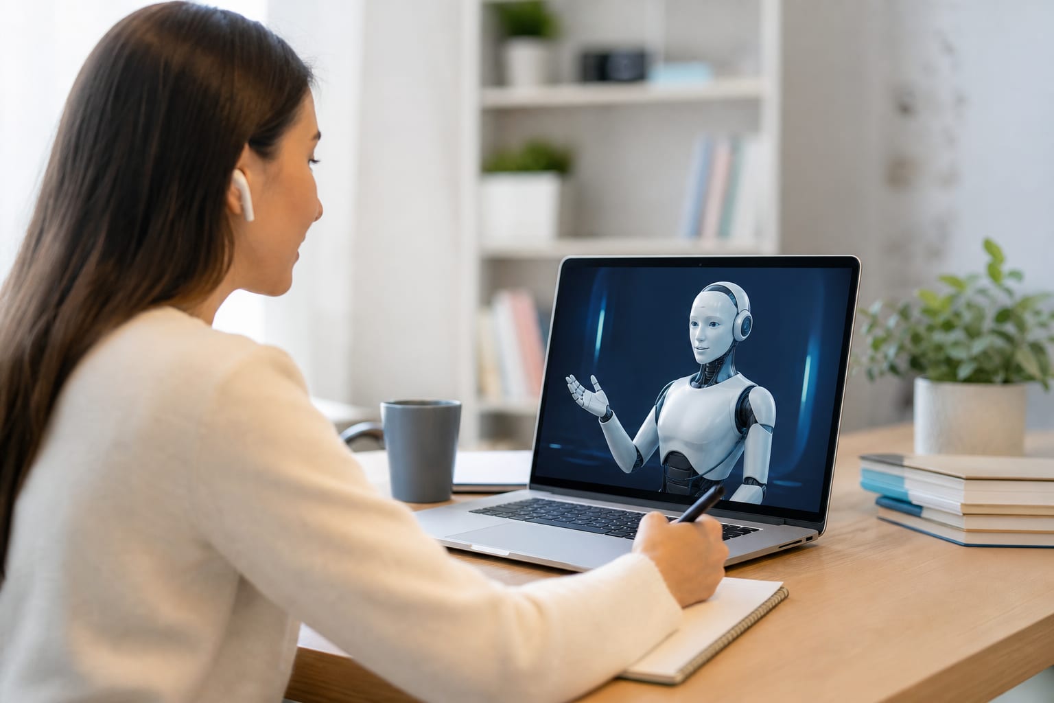A learner speaking into a phone at a desk while a friendly 3D tutor character appears on the screen mid-conversation.