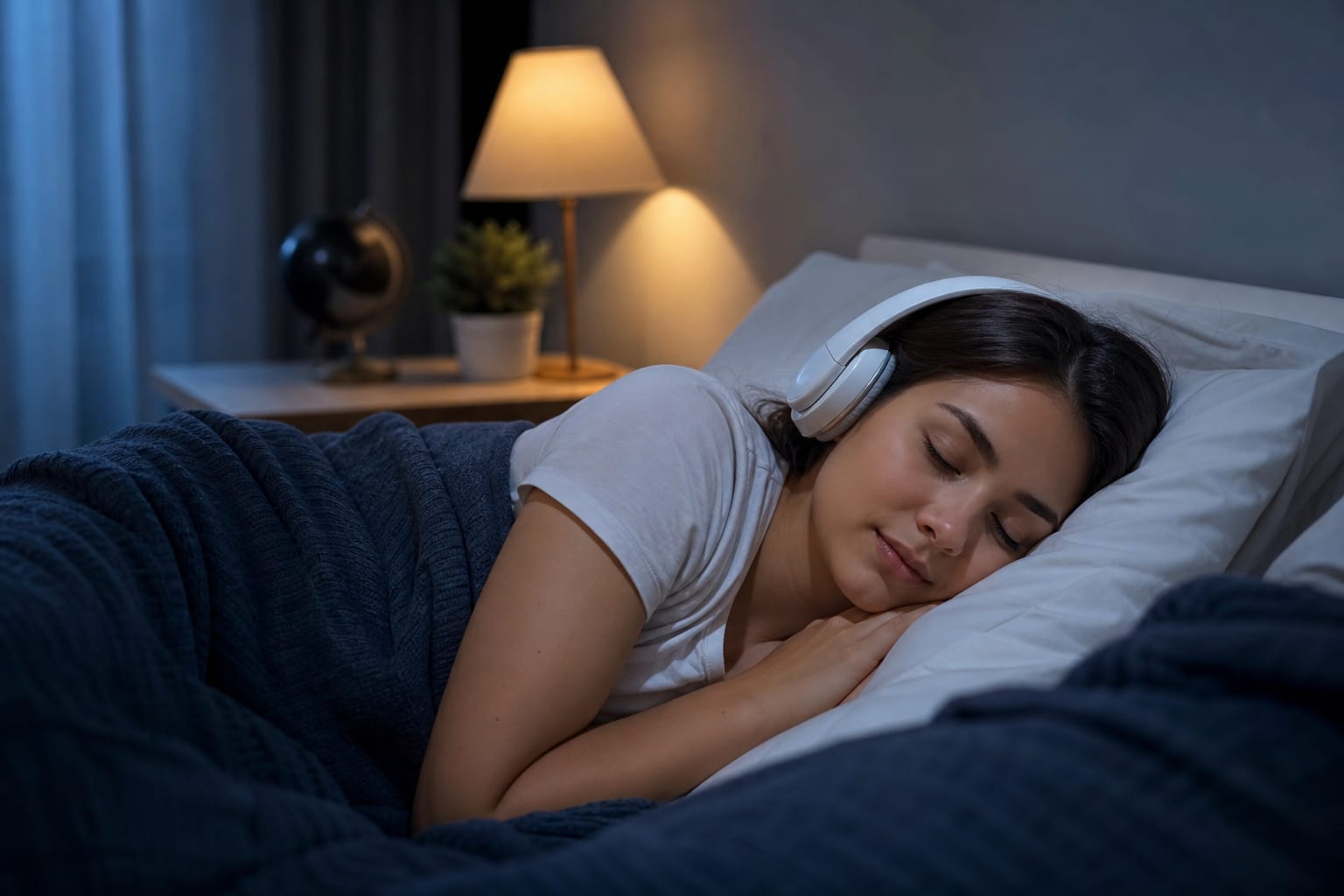 A person asleep in bed with headphones on, soft moonlight through the window, a phone playing audio beside the pillow.