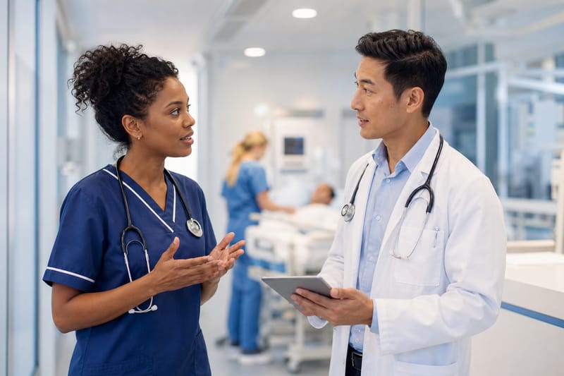 A nurse in scrubs speaking with a patient in a hospital ward, gesturing calmly during a conversation.