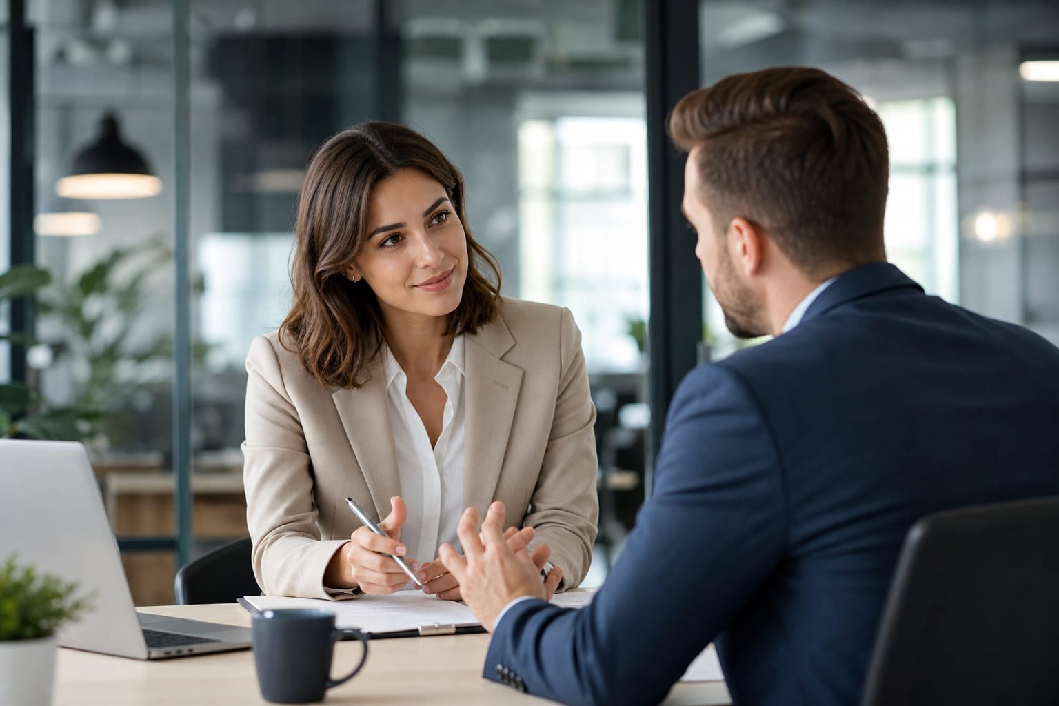 A professional sits in a bright office talking with a manager across a desk, a notebook and laptop open between them.