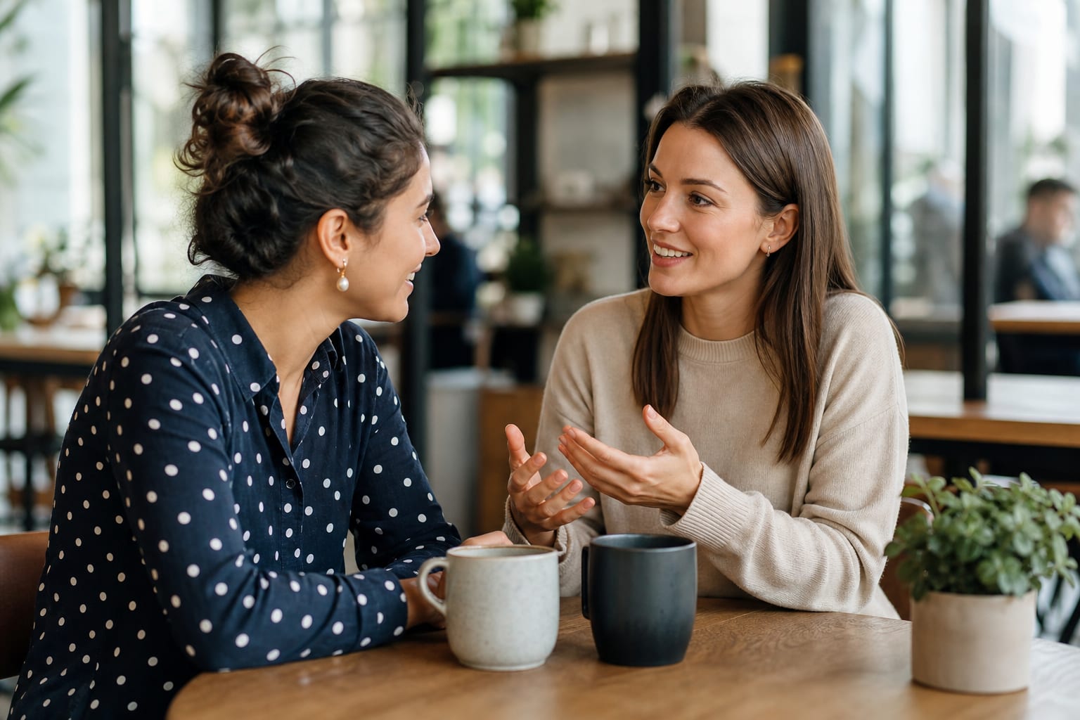 Two people chatting over coffee at a small table, speech bubbles with short everyday words floating above them.
