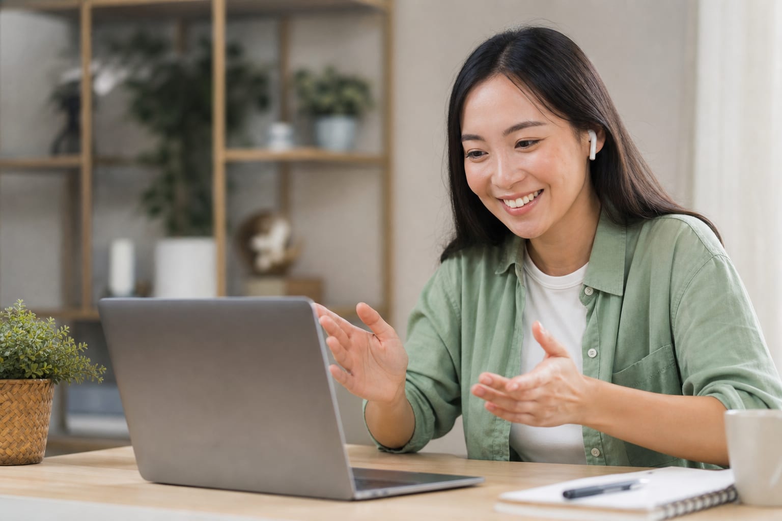 En ung elev med hodetelefoner smiler til en laptop mens hun snakker inn i en mikrofon, med en åpen notatbok ved siden av seg.