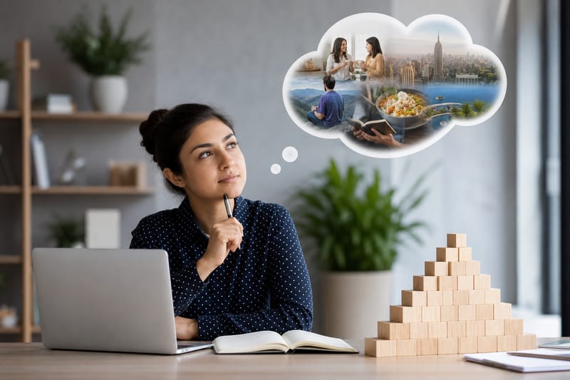 לומד ליד שולחן סופר כרטיסי מילים צבעוניים, ערימה קטנה של המילים הנפוצות ביותר זוהרת חזק יותר מערימה גדולה ומפוזרת.