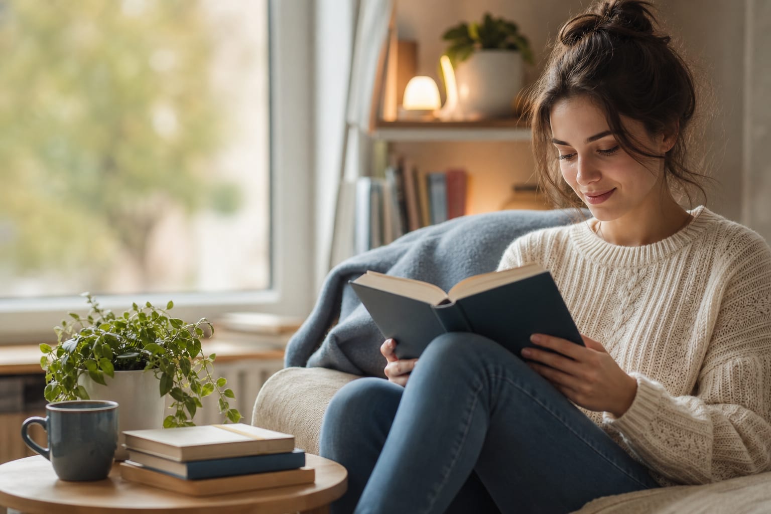 An open book with glowing words rising from its pages, a reader smiling beside a warm lamp