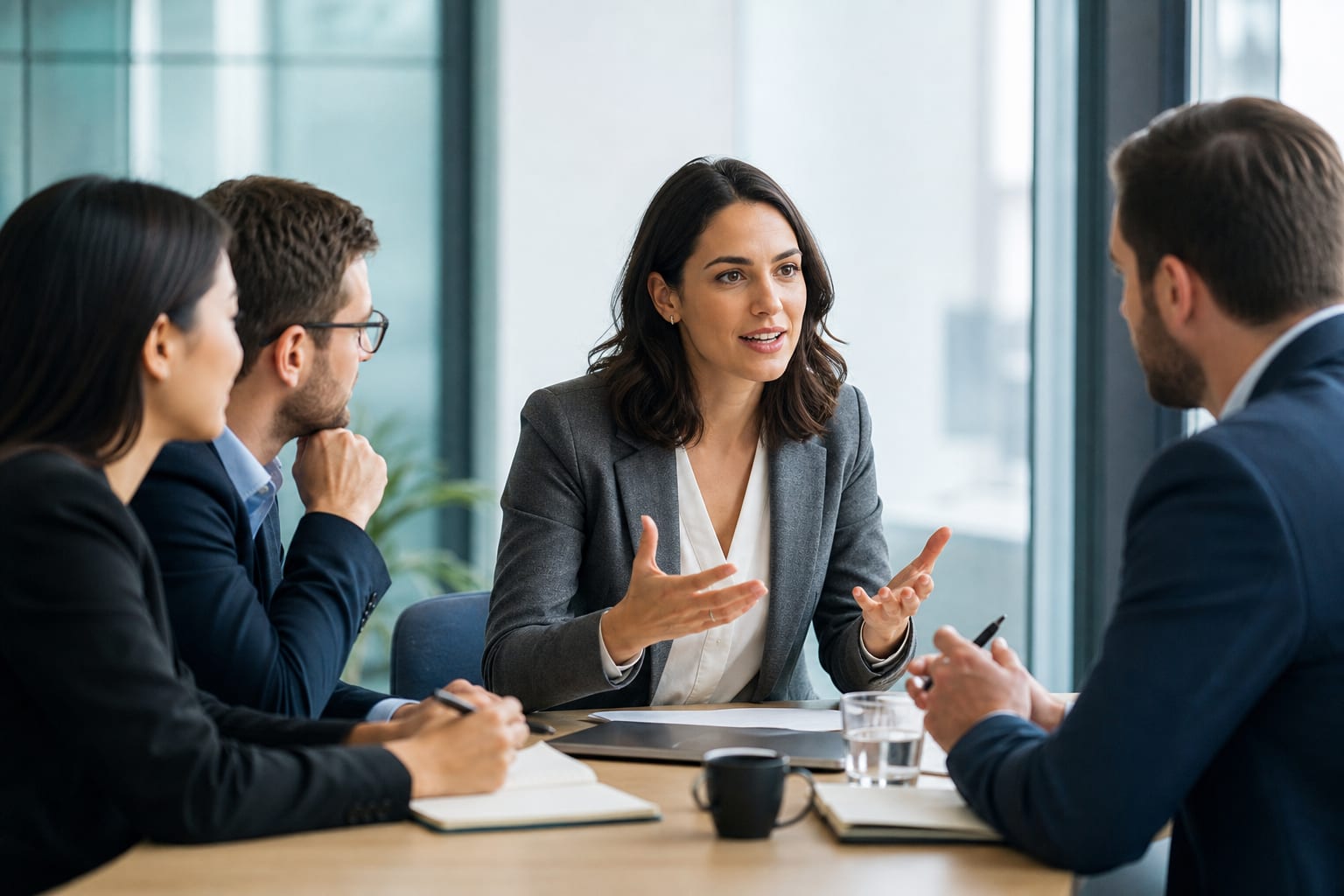 A business meeting in a modern office, two professionals sitting across a table, one speaking calmly while the other listens