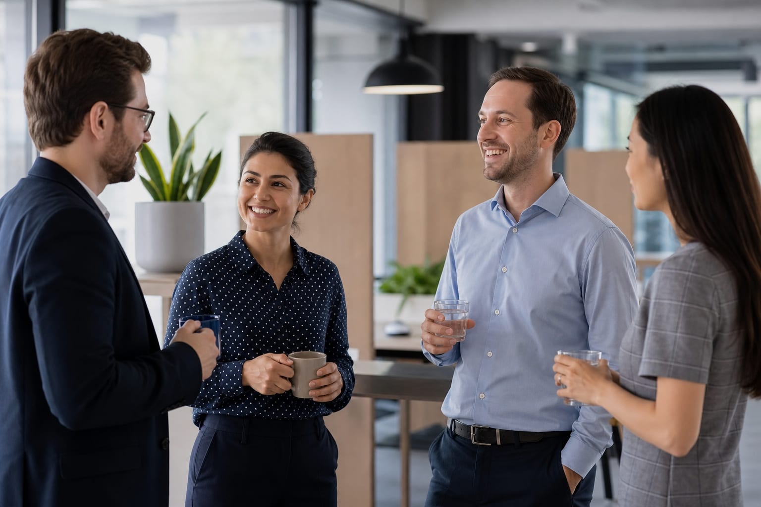 Two colleagues chatting by a coffee machine in a bright office, one holding a mug and smiling