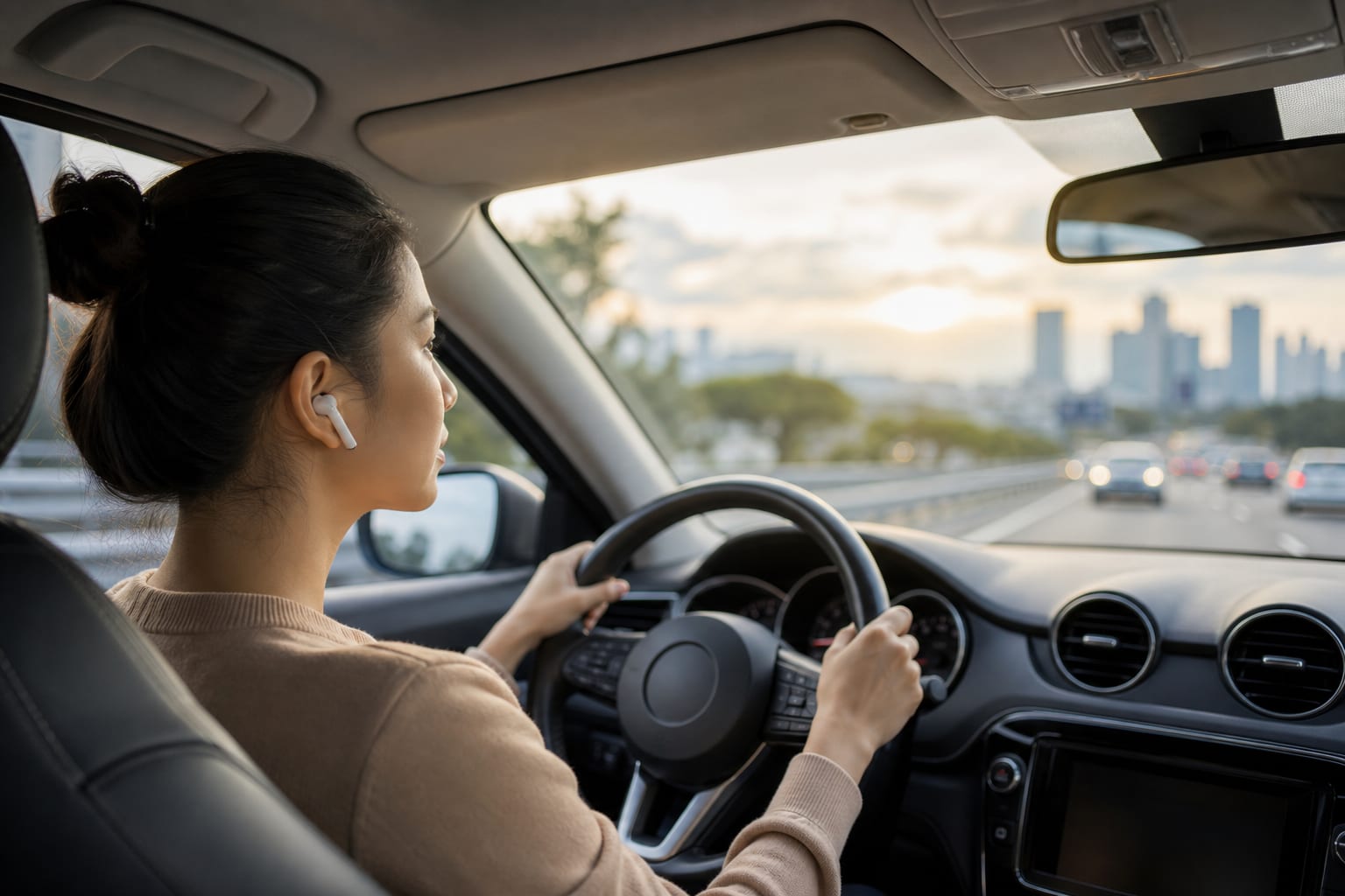 A driver's hands on a steering wheel seen from inside a car, morning light through the windscreen, a phone mounted on the dashboard showing an audio lesson.