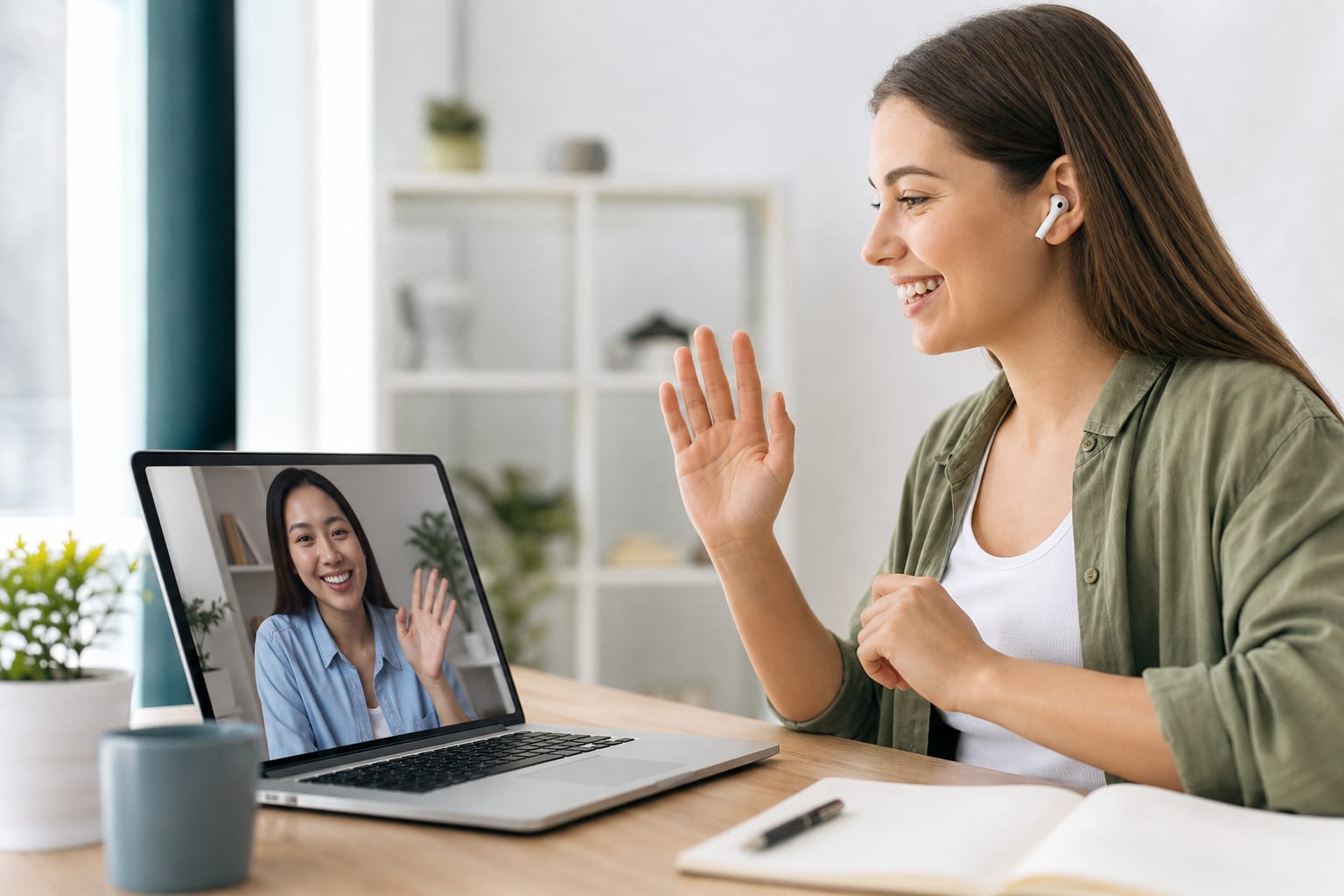 A learner speaking into a phone while an AI tutor character listens and shows word-by-word pronunciation scores on screen.