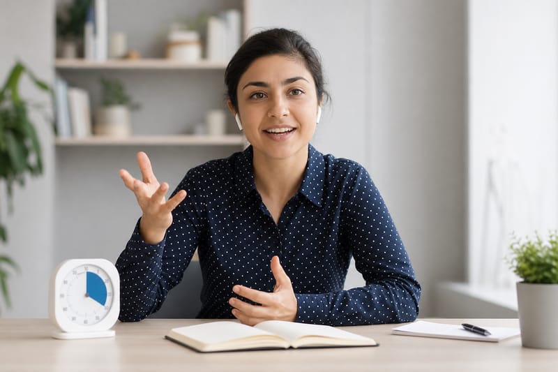 A person speaking into a phone while a kitchen timer counts down beside them, notes and a pen on the table.