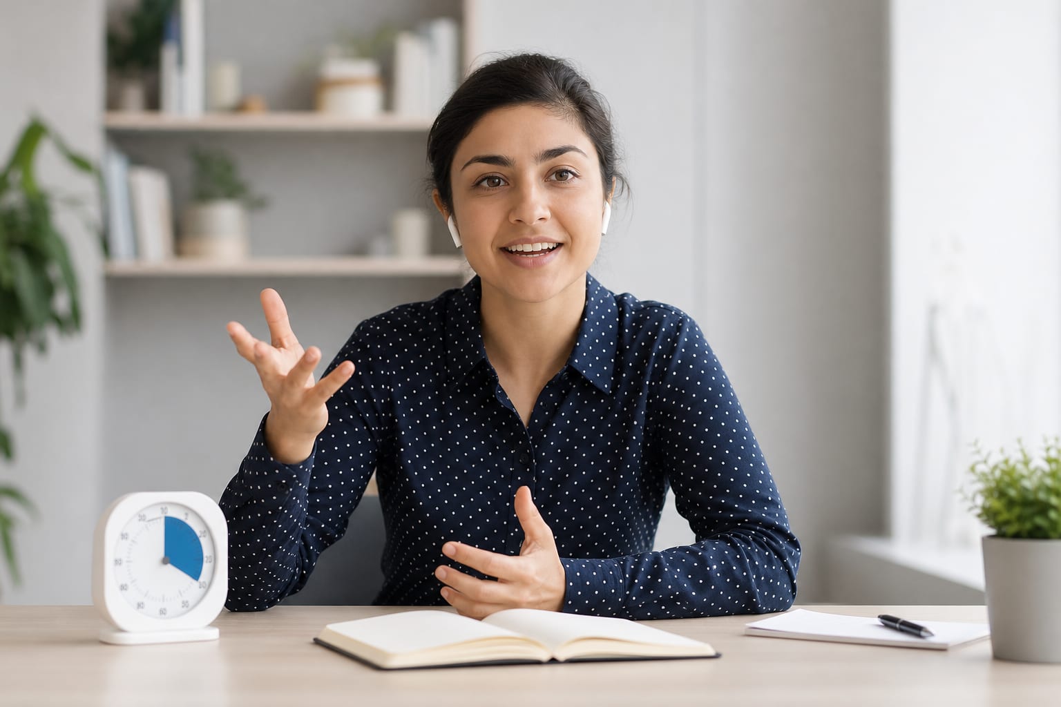 A person speaking into a phone while a kitchen timer counts down beside them, notes and a pen on the table.