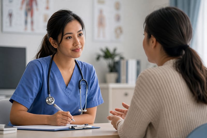 A nurse in blue scrubs sits at a table speaking with a patient, gesturing warmly during a clinical conversation.