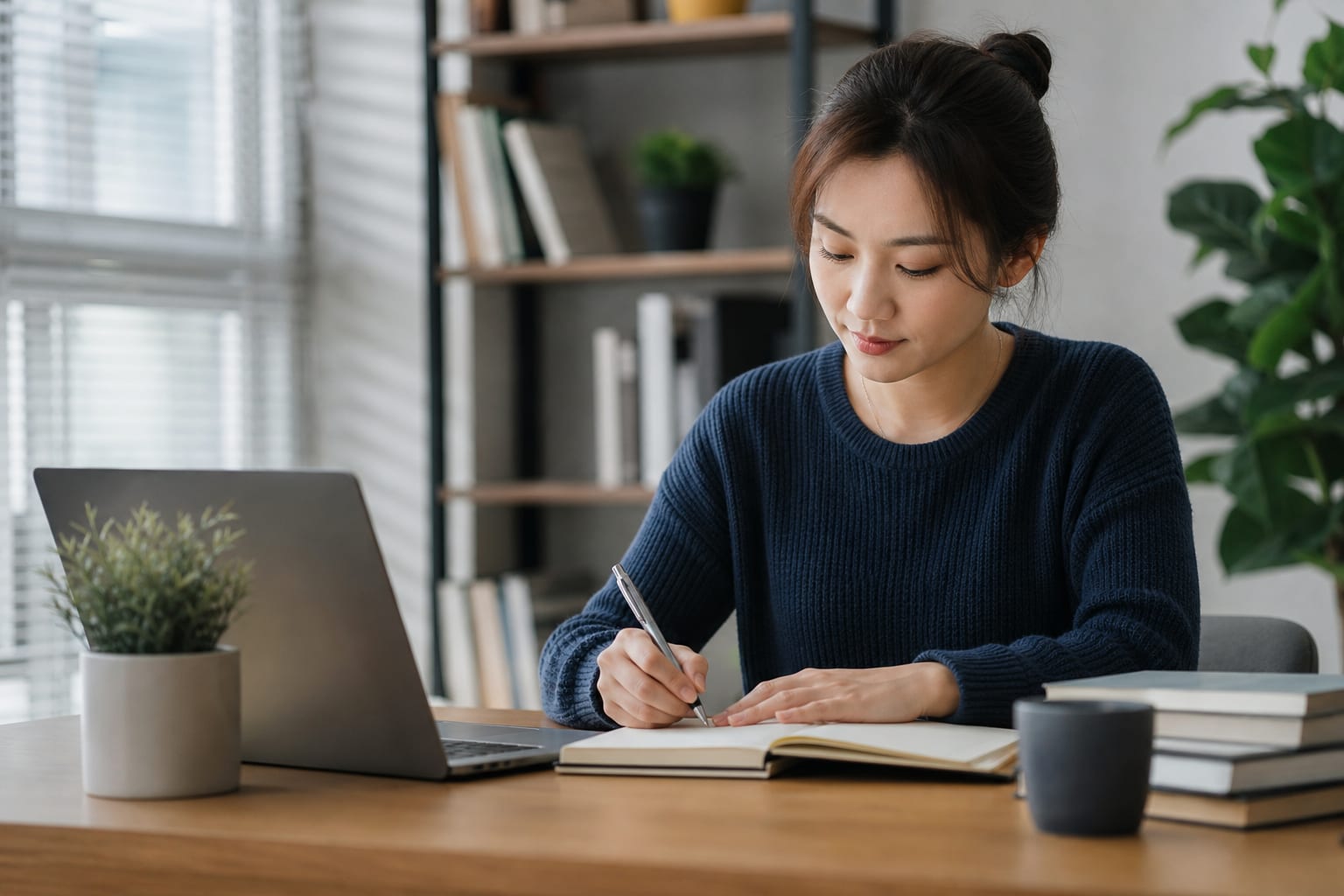 A busy person checking a phone with an English lesson on screen while a coffee cup and notebook sit on the desk nearby