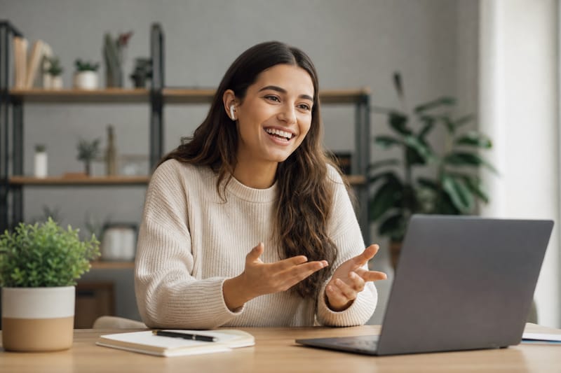 A learner sits at a desk with headphones, speaking into a phone showing a friendly tutor character, looking relaxed rather than tense.
