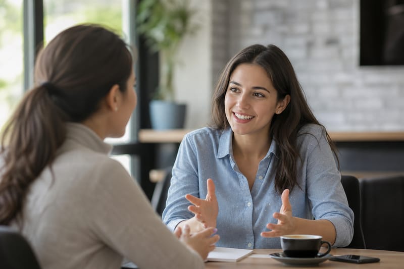 Two people sitting in a bright cafe, one leaning forward and smiling as they talk to a slightly nervous-looking friend over coffee.