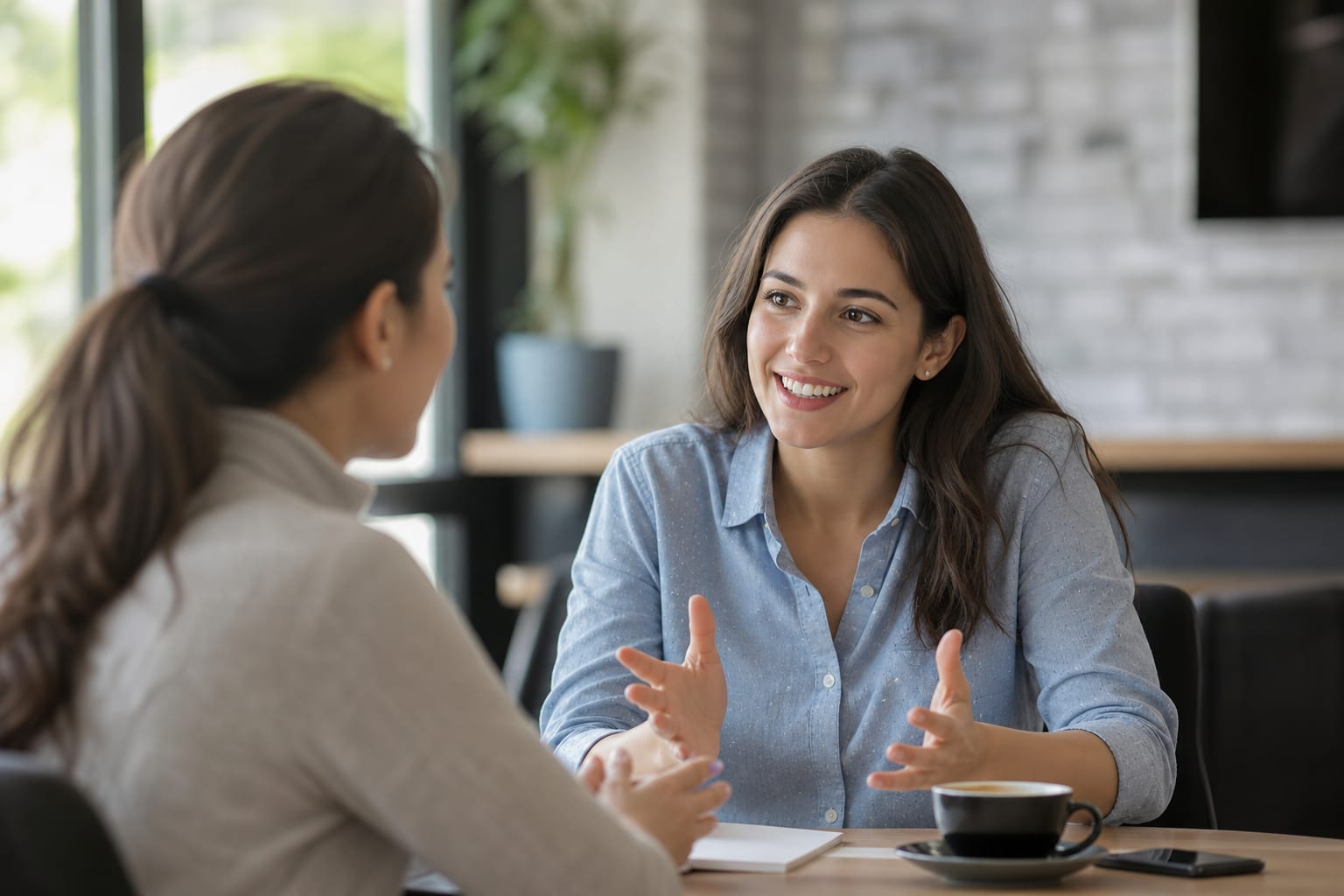 Two people sitting in a bright cafe, one leaning forward and smiling as they talk to a slightly nervous-looking friend over coffee.