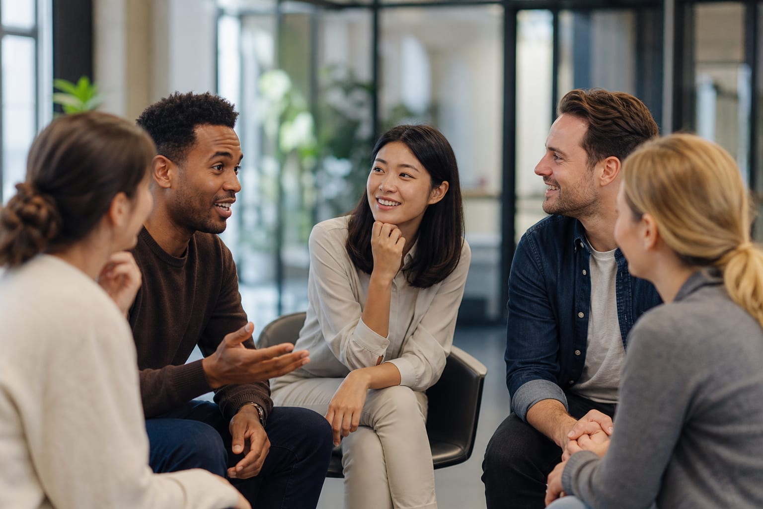 A group of friends laughing and talking around a cafe table while one person listens carefully, looking slightly lost