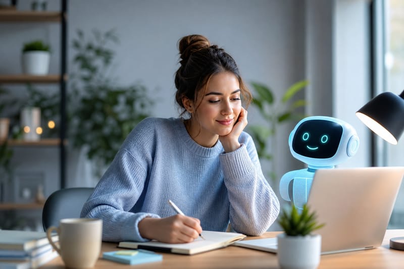 Una persona al tavolo della cucina con un caffè e il telefono in mano, un tutor AI sullo schermo a metà lezione, luce del mattino dalla finestra