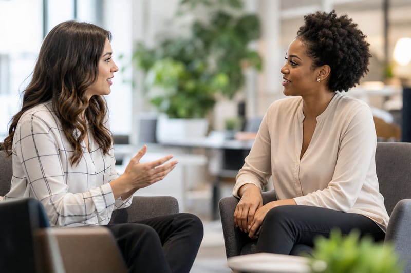 Two people chatting over coffee, one gesturing mid-sentence, with speech bubbles showing short linking words like so and anyway.
