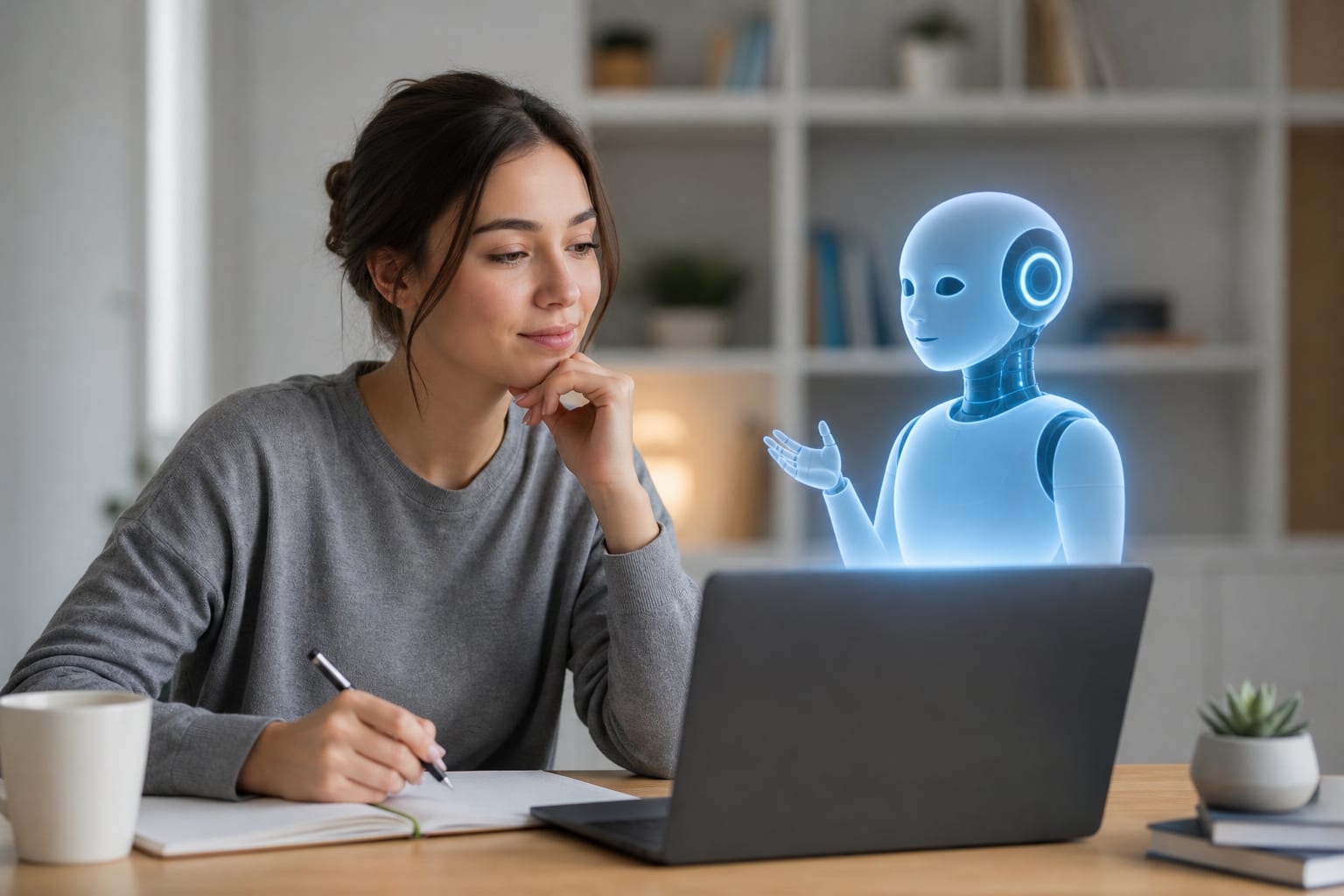 A learner at a desk speaking into a phone, with a friendly 3D tutor character on the screen and speech bubbles showing a conversation.