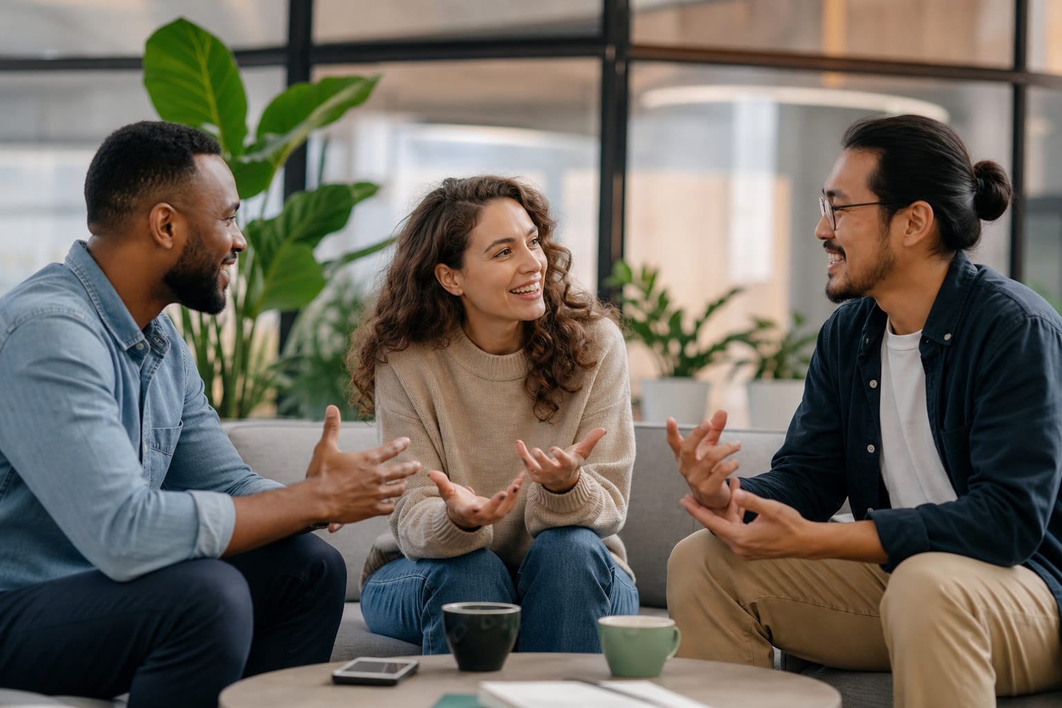 Two people chatting over coffee at a cafe table, one laughing, speech bubbles floating above them