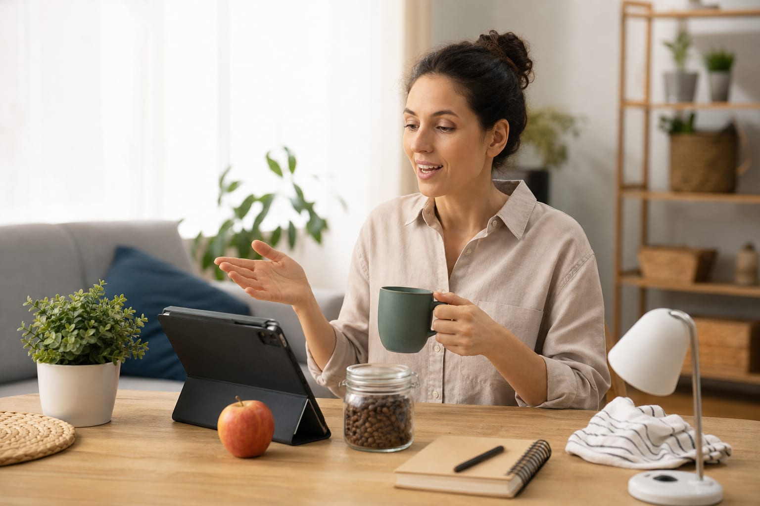 A person at a kitchen table speaking to a coffee mug, phone and receipt laid out in front of them