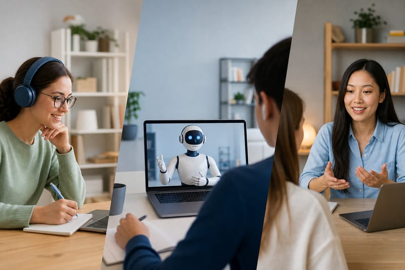 En person som snakker engelsk inn i en telefon ved siden av en laptop, med en vennlig 3D-lærerfigur på skjermen og en åpen notatbok i nærheten.