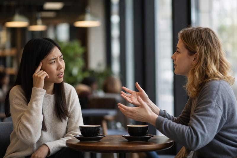 Two people talking at a cafe table, speech blurred into a stream of sound, one person leaning in straining to hear.